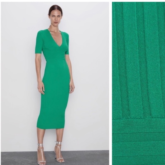Zara Green Ribbed Knit Midi Dress. Size S perfect - Picture 8 of 14